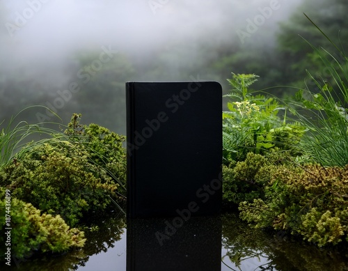 sleek black book stands prominently reflective surface surrounded by lush greenery and mist evoking sense of mystery
