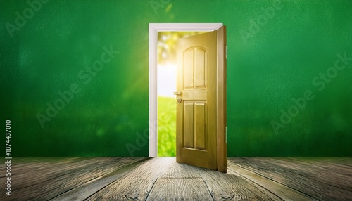 open door with green background creating a bright and inviting atmosphere for imaginative concepts