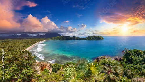 vibrant vision board showcasing tropical landscapes ocean views and colorful skies each image evokes sense of wanderlust and tranquility perfect for inspiring travel dreams