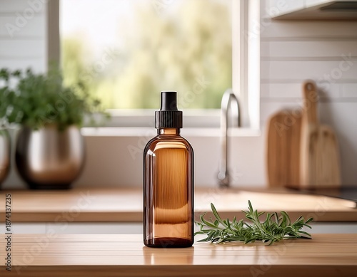 minimalist essential oil bottle on wooden table with herb sprig in bright kitchen