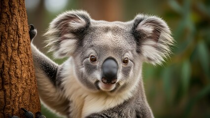 A close up portrait of a curious koala bear in its natural habitat looking directly at the camera with interest