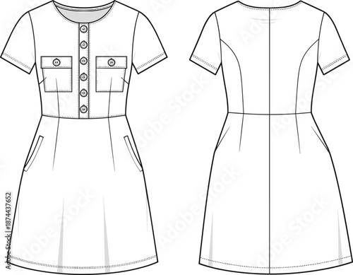 Women short sleeve button up mini dress fashion flat sketch, technical drawing of female casual A-line garment template with pockets.