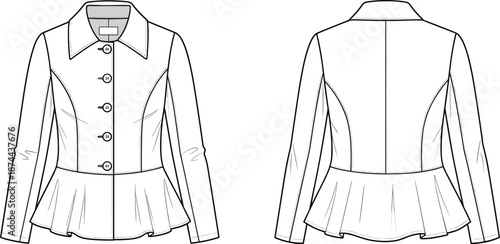 Women long sleeve button up peplum jacket fashion flat sketch, technical drawing of female blazer coat garment template design vector.