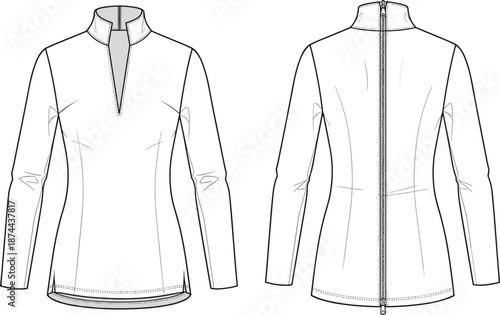 Women long sleeve quarter zip pullover top fashion flat sketch, technical drawing of female sportswear mock neck sweatshirt garment template.