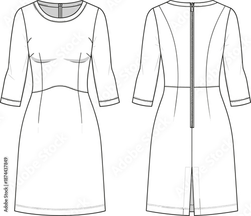 Vector technical drawing of puff sleeve blouse fashion flat sketch, v-neck button down bodice top, front and back view