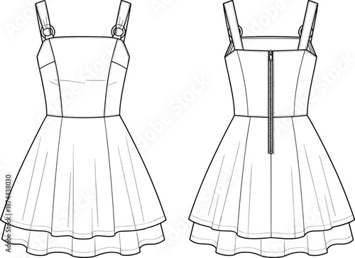 Vector technical drawing of puff sleeve blouse fashion flat sketch, v-neck button down top, front and back view apparel template.