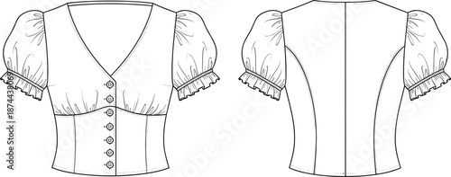 Vector technical drawing of puff sleeve blouse fashion flat sketch, v-neck button down top, front and back view apparel template.
