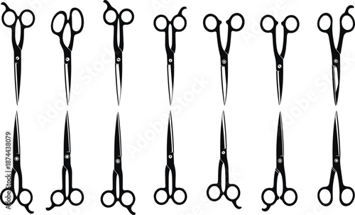 Black silhouette collection of ten scissors pairs arranged symmetrically in rows showcasing mirrored handles and blades for design illustration pattern