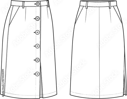 Vector technical drawing of button down midi skirt fashion flat sketch, front and back view, apparel design template with pockets.