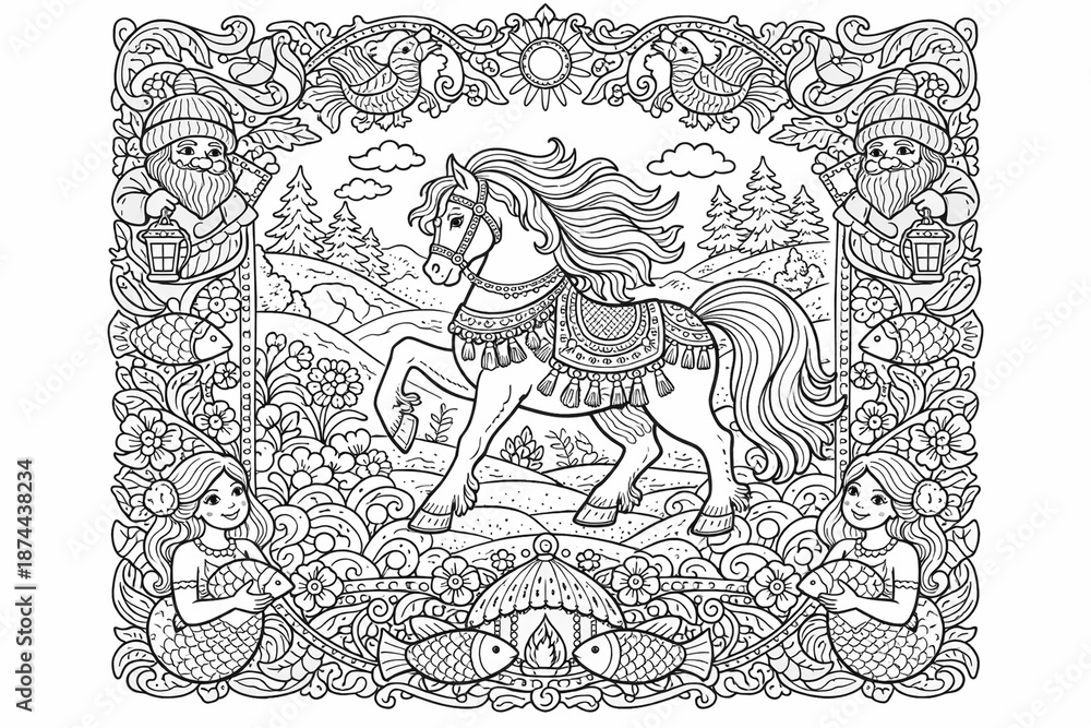 Fototapeta premium A lively pony trots through a hilly landscape framed by mermaids, fish, and gnome figures, offering an intricate fantasy coloring page full of playful detail and charm.