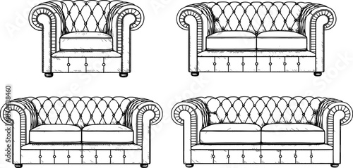 Chesterfield sofa furniture engraving line art set, cad drawing flat vector illustration for interior design, upholstery concepts, decor, vintage print