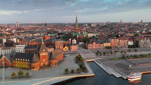 Aarhus cityscape in Denmark with modern waterfront, urban architecture and Scandinavian lifestyle atmosphere. Aerial View shows vibrant city center and coastal surroundings