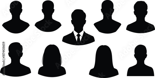 Collection of anonymous black silhouettes of heads and shoulders against a white background silhouette