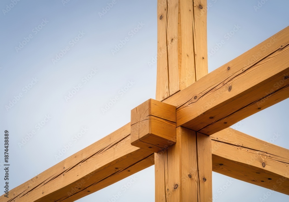 Naklejka premium Large, strong wooden beams forming the structural framework of a new residential building, highlighting traditional joinery techniques and natural materials, heavy timber, renovation, fabrication
