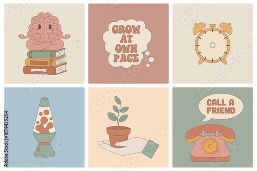 Inspirational retro social media grid for mental health awareness