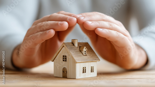 human hands protecting small house model property insurance concept