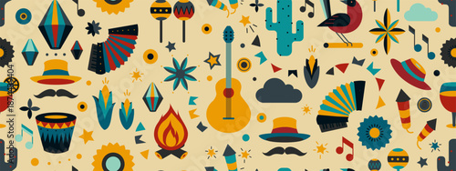 Festa junina poster - geometric seamless pattern. Summer brazilian carnival banner with icons of music, lanterns, flowers, hats and flags. Geometric banner of june festival in Brazil, vector illustrat