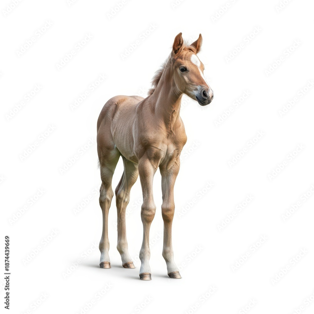 Obraz premium A beautiful young equine animal, a cute newborn foal, standing gracefully against a pure white background in a professional studio setting, young, beautiful, animal
