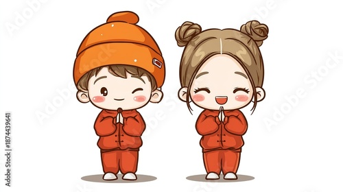 Pair of cute cartoon characters in red suits smiling with hands together, one winking with rosy cheeks on white background, for emoji, sticker and kids product design