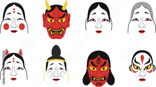 Japanese traditional theater masks illustration, kabuki noh oni kitsune faces, flat vector set, cultural art, cad drawing flat vector illustration