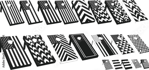 Black and white collection of cornhole board designs featuring geometric patterns, stripes, flags, and checkerboards for game illustration catalog