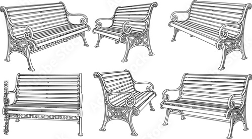 Vintage park bench sketches illustration, wrought iron outdoor seating designs set, classic furniture line art, architectural elements, cad drawing flat vector illustration