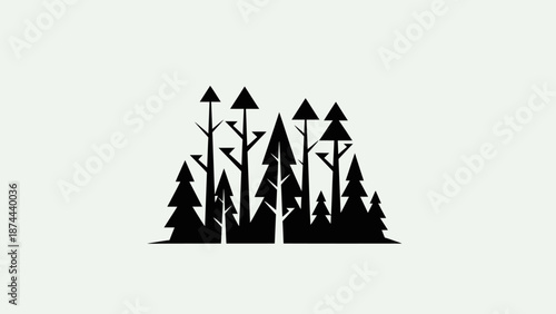 Abstract geometric trees black silhouettes forming a dense forest on an isolated white background. Modern woodland icon.