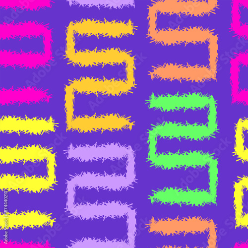 Colorful seamless pattern with fuzzy zigzag shapes on a purple background. Playful abstract design for kids apparel, fashion textiles, wallpapers, packaging and modern surface design