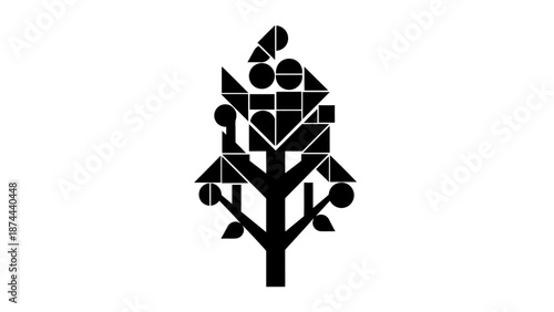 Abstract Geometric Tree Icon Constructed from Shapes on Isolated White Background