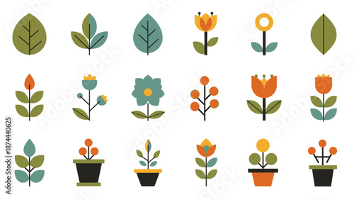 Collection of Diverse Stylized Flowers and Potted Plants Icons on Isolated White Background, Cheerful Gardening Elements