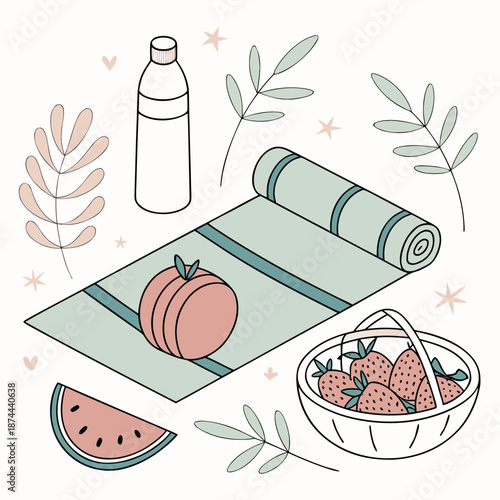 Yoga mat with fresh fruits and water bottle