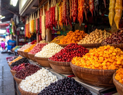 Colorful assortment of dried fruits and sweets displayed at an outdoor market stall