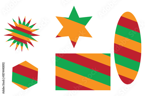 This graphic displays five geometric shapes on a white background: a spiky starburst, a six-pointed star, a hexagon, a rectangle, and a vertical oval. Each shape is filled with a consistent pattern of