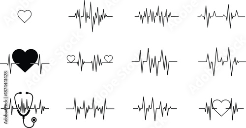 Black silhouette collection of twelve heart and ECG icons combining medical waveforms with health symbols for healthcare design illustration catalog