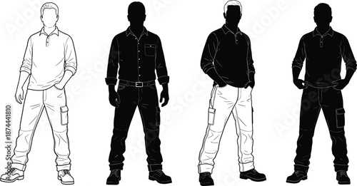 Casual workwear men silhouettes set standing poses isolated on white background modern apparel fashion vector illustration collection