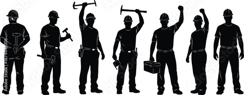 Construction worker silhouettes holding tools and celebrating teamwork isolated on white background industrial labor force vector illustration