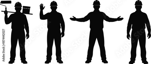 Construction worker silhouettes set with tools gestures and open arms isolated on white background industrial labor safety vector illustration