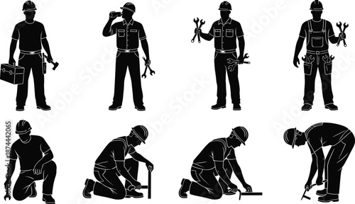Construction worker silhouettes set with tools standing kneeling and repairing isolated on white background industrial labor vector illustration