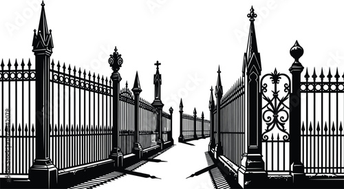 Fence vector silhouette isolated on transparent background with ornate gate details