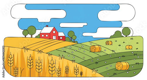 A rural landscape with a farm house standing amidst fields and hay bales under a blue sky with white clouds.