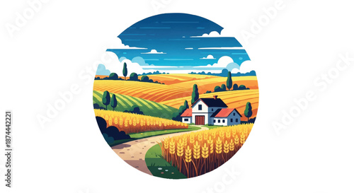 A rural landscape with a farm house surrounded by golden fields and vineyards under a blue sky with white clouds.