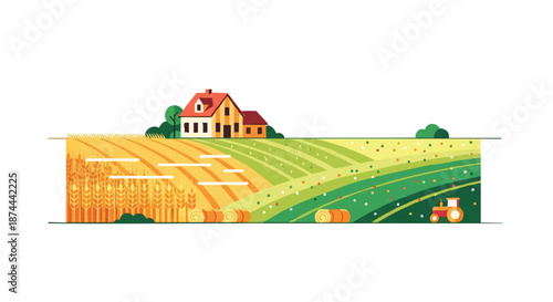 A serene rural landscape featuring a traditional farm house surrounded by vibrant fields of crops and lush greenery under a clear sky.