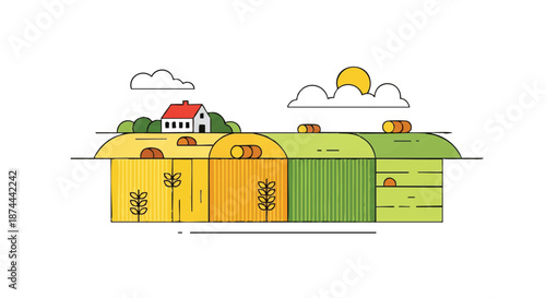 A rural landscape featuring a farm house with colorful fields and barns under a sunny sky with clouds.