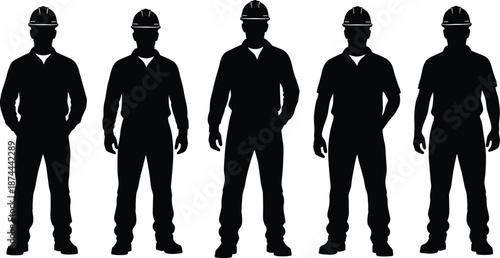 Construction worker silhouettes standing in row wearing safety helmets isolated on white background industrial workforce vector illustration