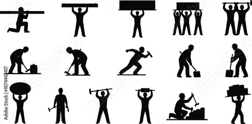 Manual labor worker silhouettes set lifting carrying building and repairing tasks isolated on white background industrial workforce vector illustration