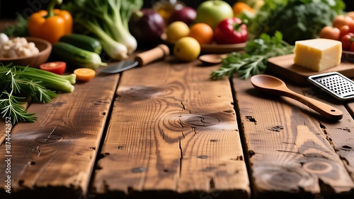 Wallpaper Mural Fresh vegetables, herbs, and cooking tools arranged on a rustic wooden table Torontodigital.ca