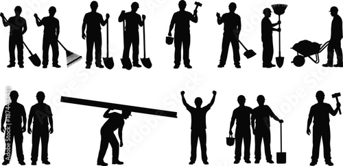 Manual labor worker silhouettes set with tools carrying materials and teamwork poses isolated on white background industrial workforce vector illustration