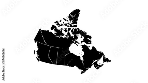 Black and white silhouette map of Canada with provinces and territories.