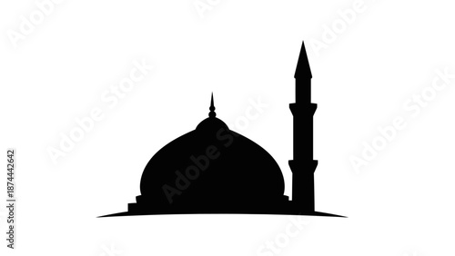 Silhouette of a mosque dome and minaret against a white background.