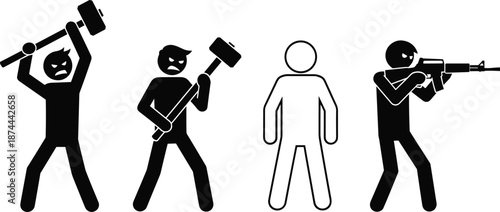 Violent stick figure icons showing aggression weapons and victim isolated on white background crime danger concept vector illustration symbolic design